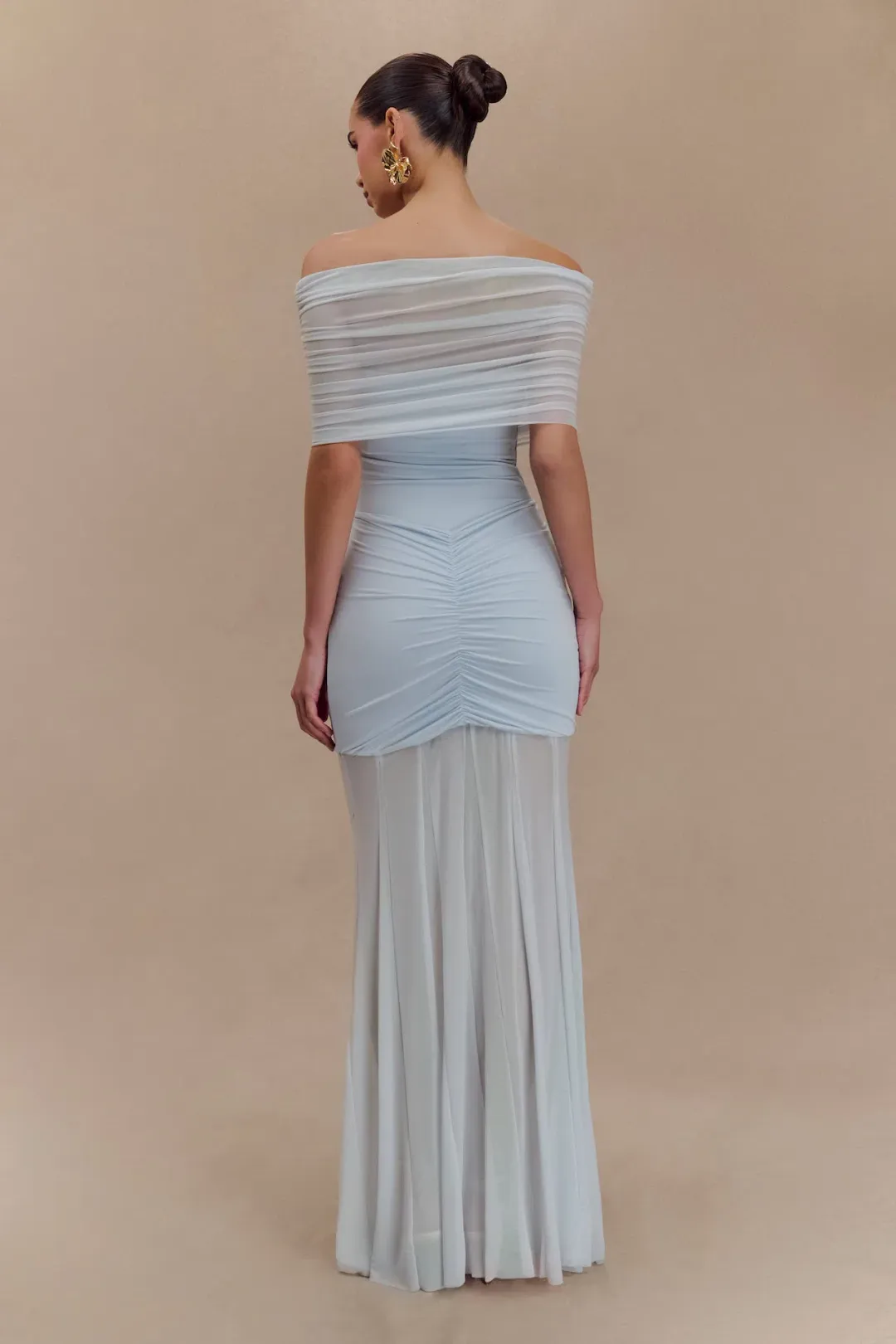 Meshki Caspian Slinky And Mesh Off Shoulder Maxi Dress Pale Blue Size 10 for rent on The Volte - main image