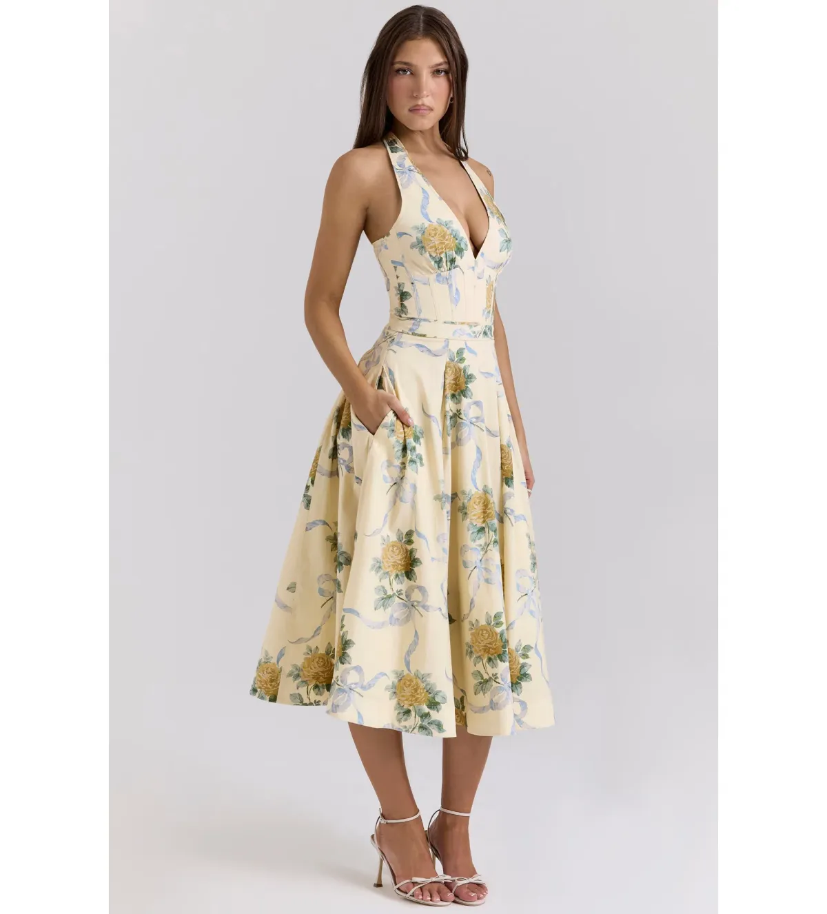 House of CB Allena Ribbon Stretch Cotton Halter Midi Sundress in Lemon Size AU 8 - Image 2