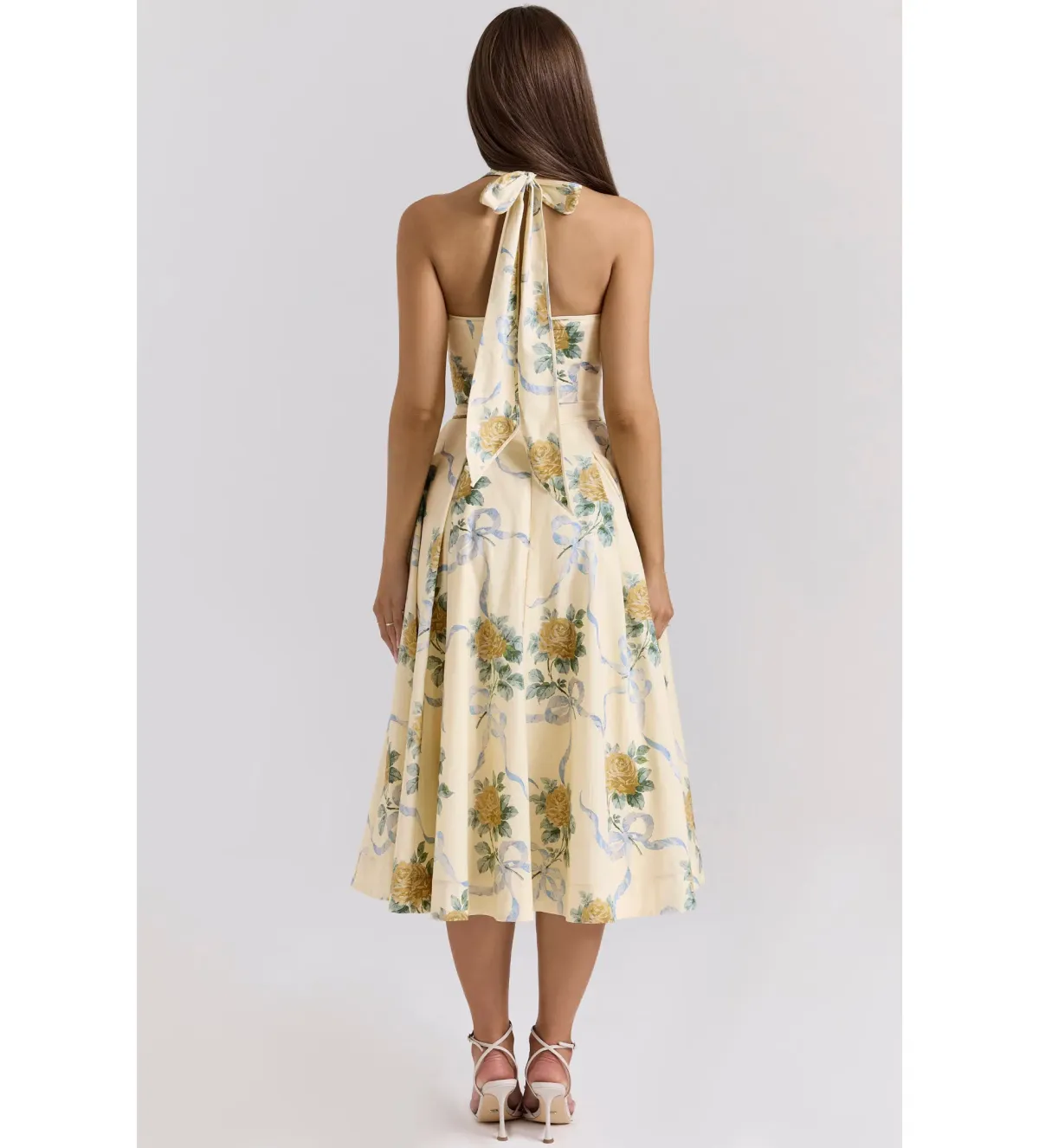 House of CB Allena Ribbon Stretch Cotton Halter Midi Sundress in Lemon Size AU 8 - Image 4