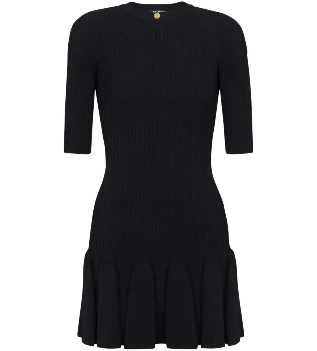 Balmain Round Neck Pleated Ribbed-Knit Skater Mini Dress Black Size AU 10 for rent on The Volte - main image