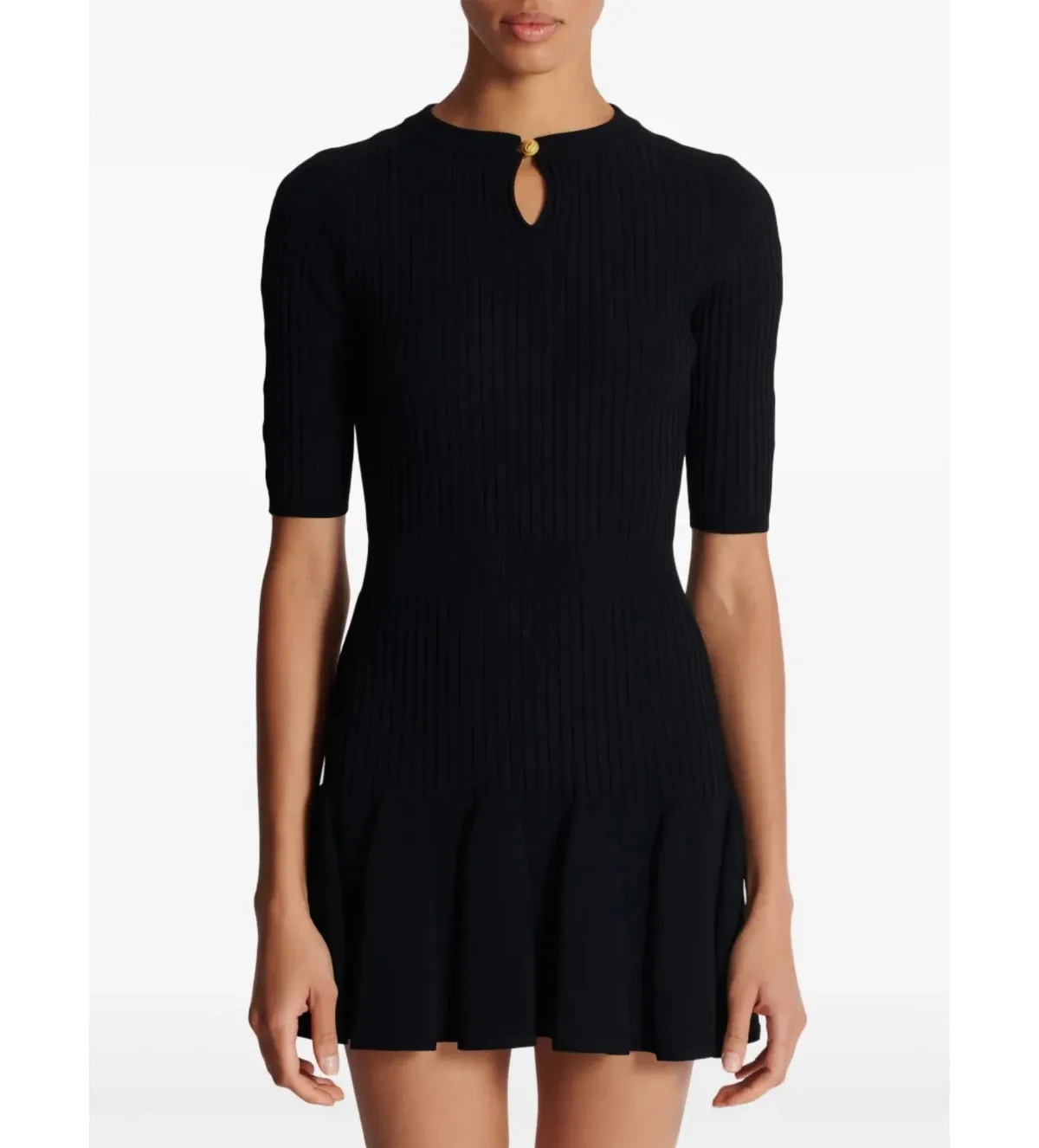 Balmain Round Neck Pleated Ribbed-Knit Skater Mini Dress Black Size AU 10 - Image 3