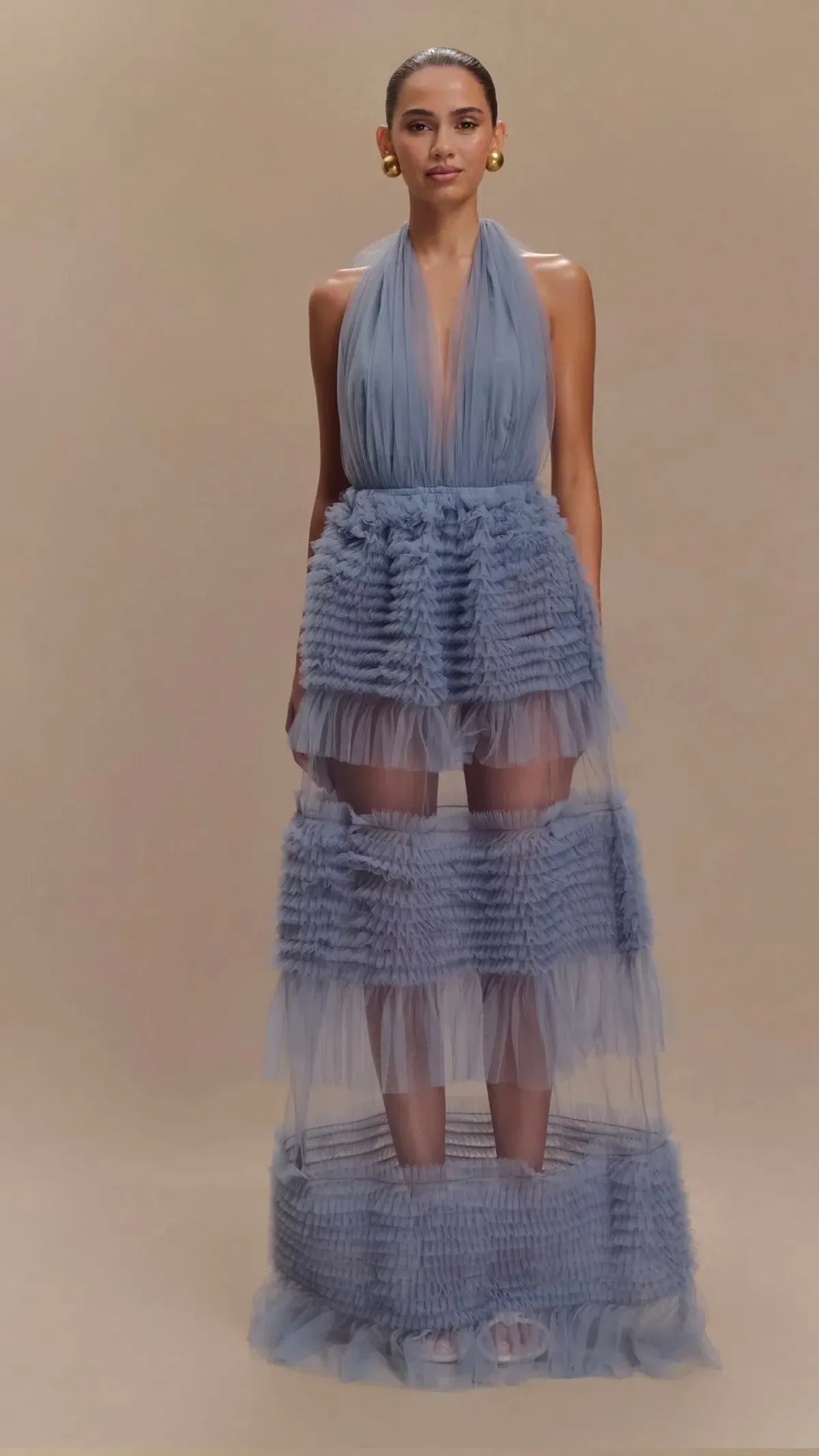 Meshki Mesh Tulle Ruffle Halter Maxi Dress Blue Size 6 - Image 1