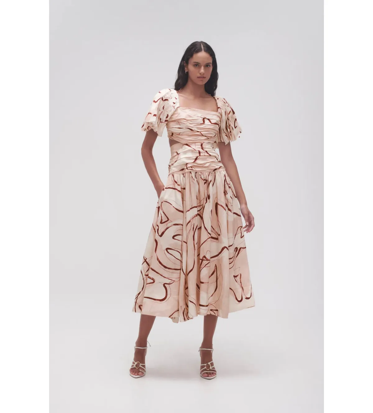 Aje Marianne Ruched Midi Dress Whimsical Dove Size 12 - Image 1