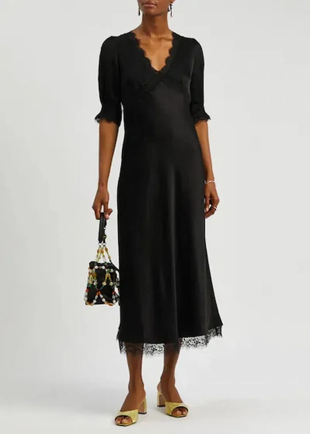 Rixo Annina Satin Midi Dress Black Size AU 12 for rent on The Volte - main image