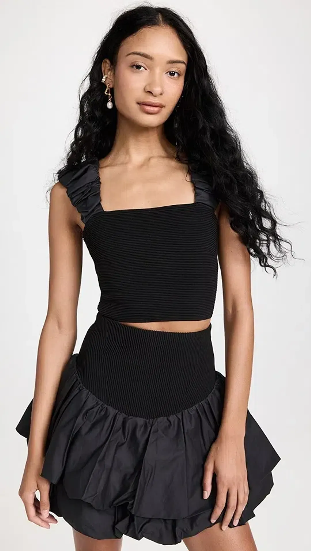 Aje Allard Ruched Strap Knit Top & Turner Bubble Skirt Set Black Size 6 for rent on The Volte - main image