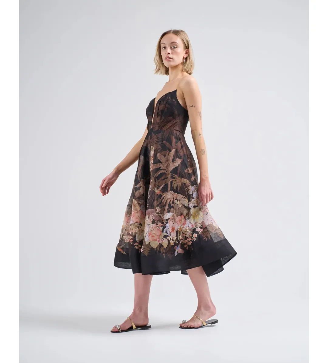 Zimmerman Illuminate Draped Mini Dress Black Tropical Size AU 10 for rent on The Volte - main image