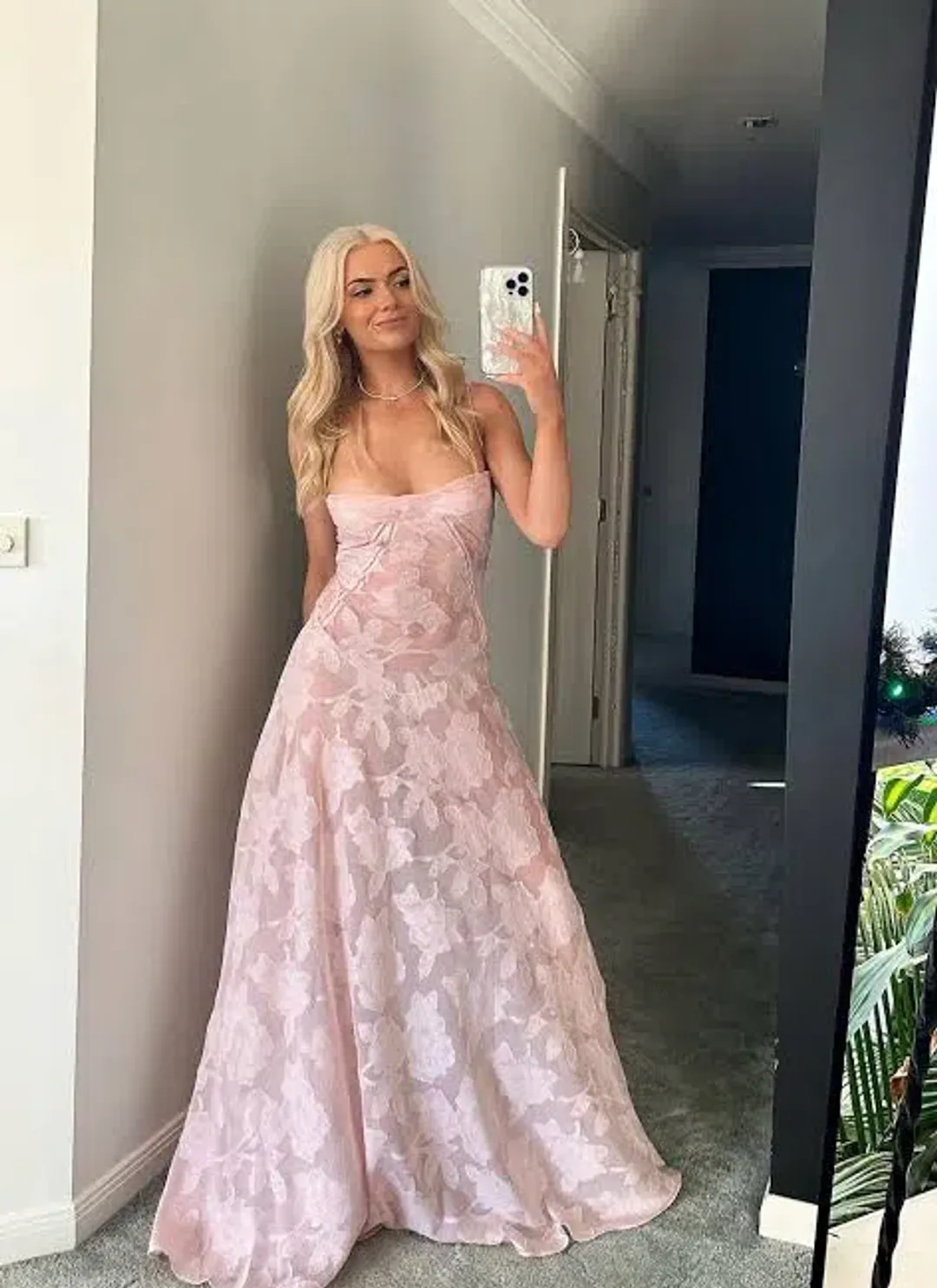 House Of CB Seren Floral Lace Back Maxi Dress Soft Pink Size S/AU 8 for rent on The Volte - main image