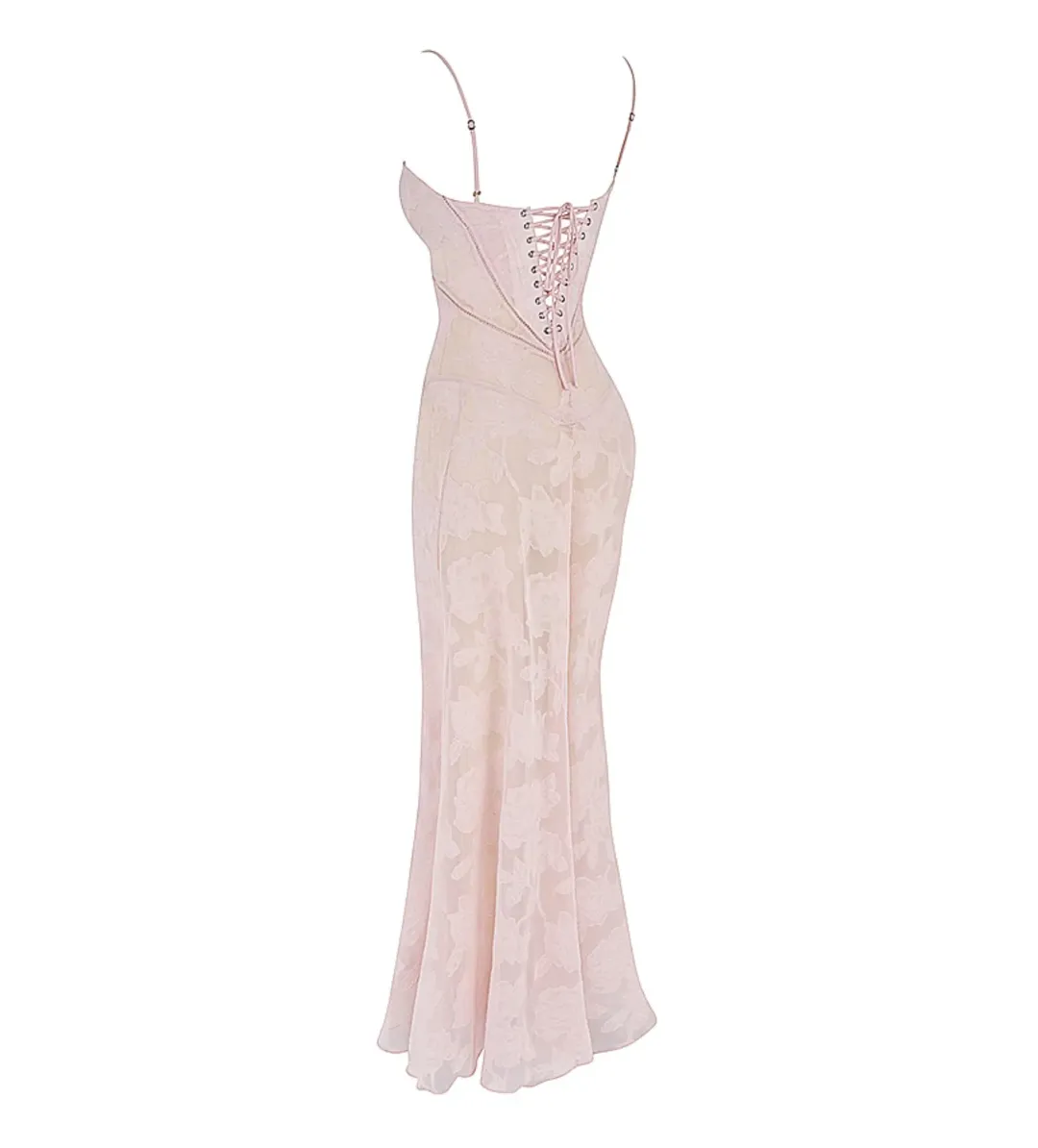 House Of CB Seren Floral Lace Back Maxi Dress Soft Pink Size S/AU 8 for rent on The Volte - main image