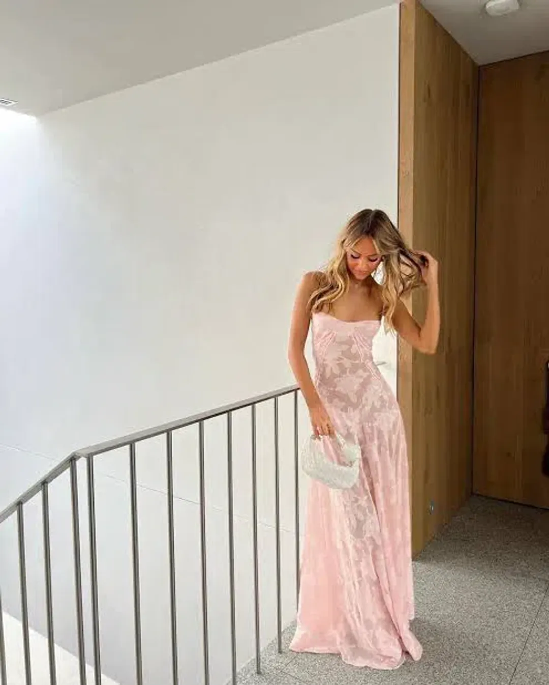 House Of CB Seren Floral Lace Back Maxi Dress Soft Pink Size S/AU 8 for rent on The Volte - main image
