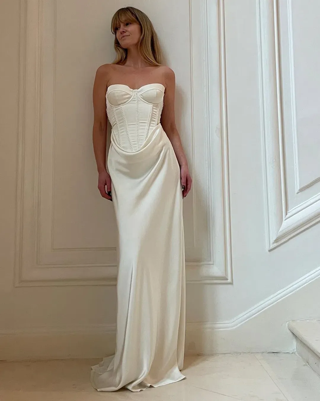 Rotate by Birger Christensen Satin Pearl Corset Dress in White Size 34 / AU 6  for rent on The Volte - main image