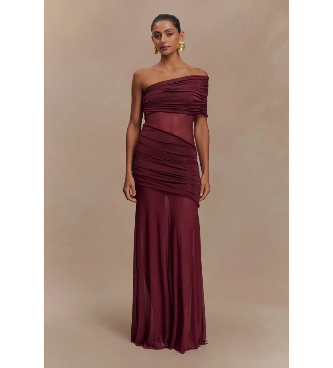 Meshki Dallas One Shoulder Mesh Maxi Dress Burgundy Size AU 8 for rent on The Volte - main image