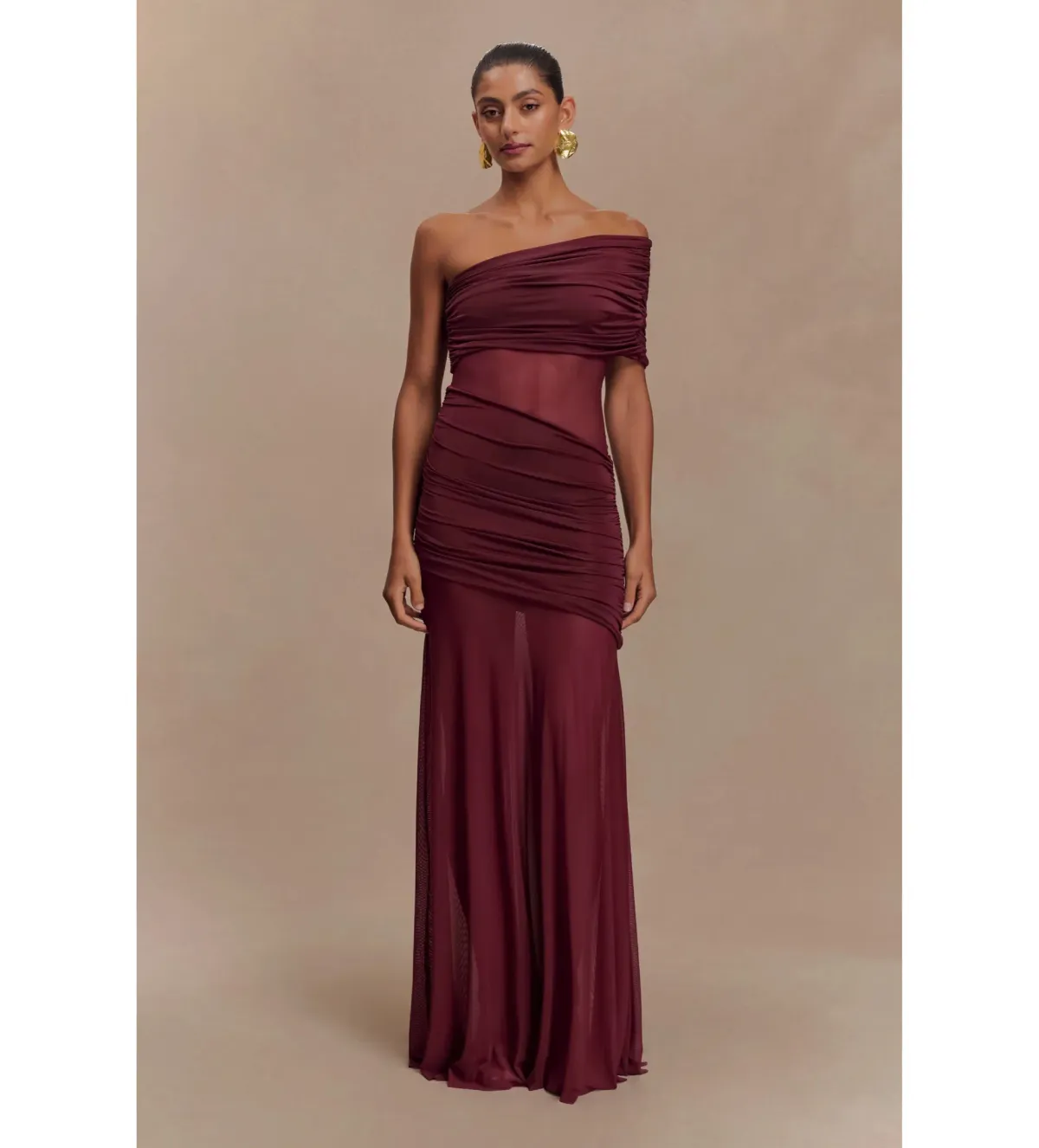 Meshki Dallas One Shoulder Mesh Maxi Dress Burgundy Size AU 8 - Image 1