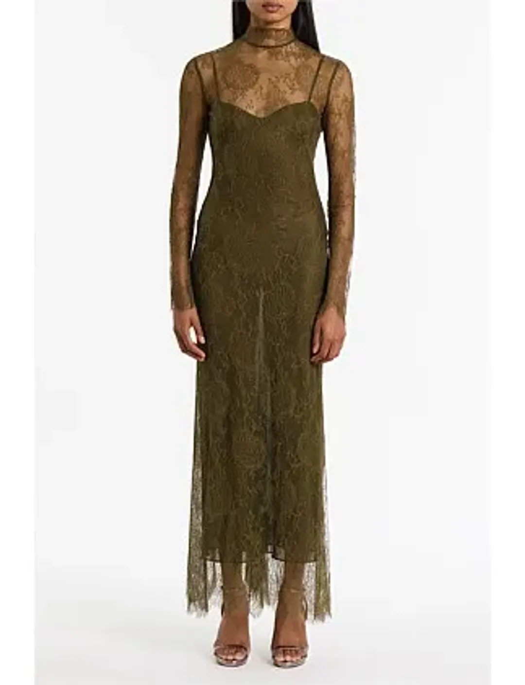 Carla Zampatti Juniper Chantilly Lace Sleeved Gown Olive Size 14 for rent on The Volte - main image