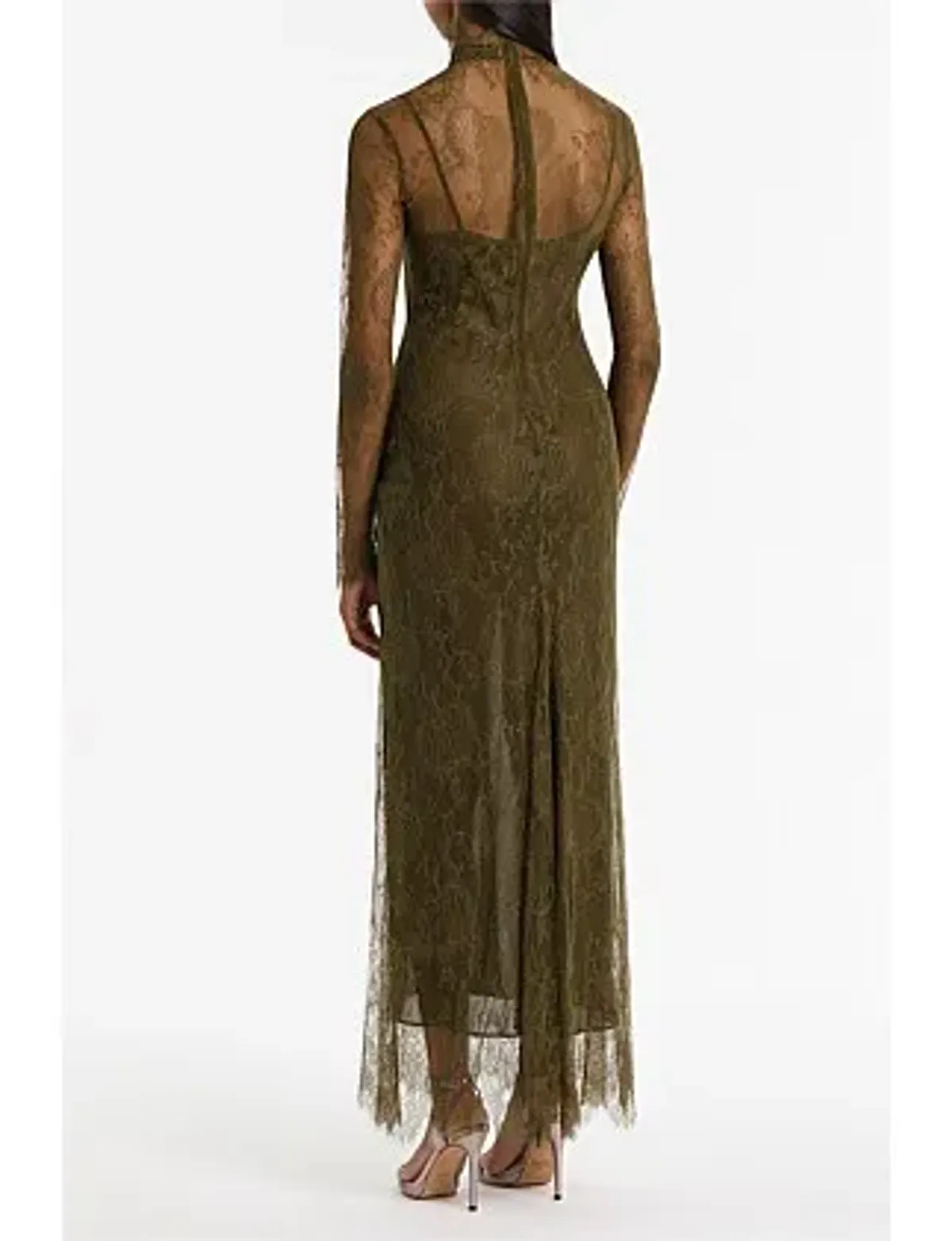 Carla Zampatti Juniper Chantilly Lace Sleeved Gown Olive Size 14 - Image 3