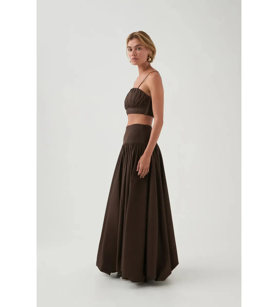 Aje Havana Ruched Top & Bubble Midi Skirt Set in Chocolate Size 6 for rent on The Volte - main image