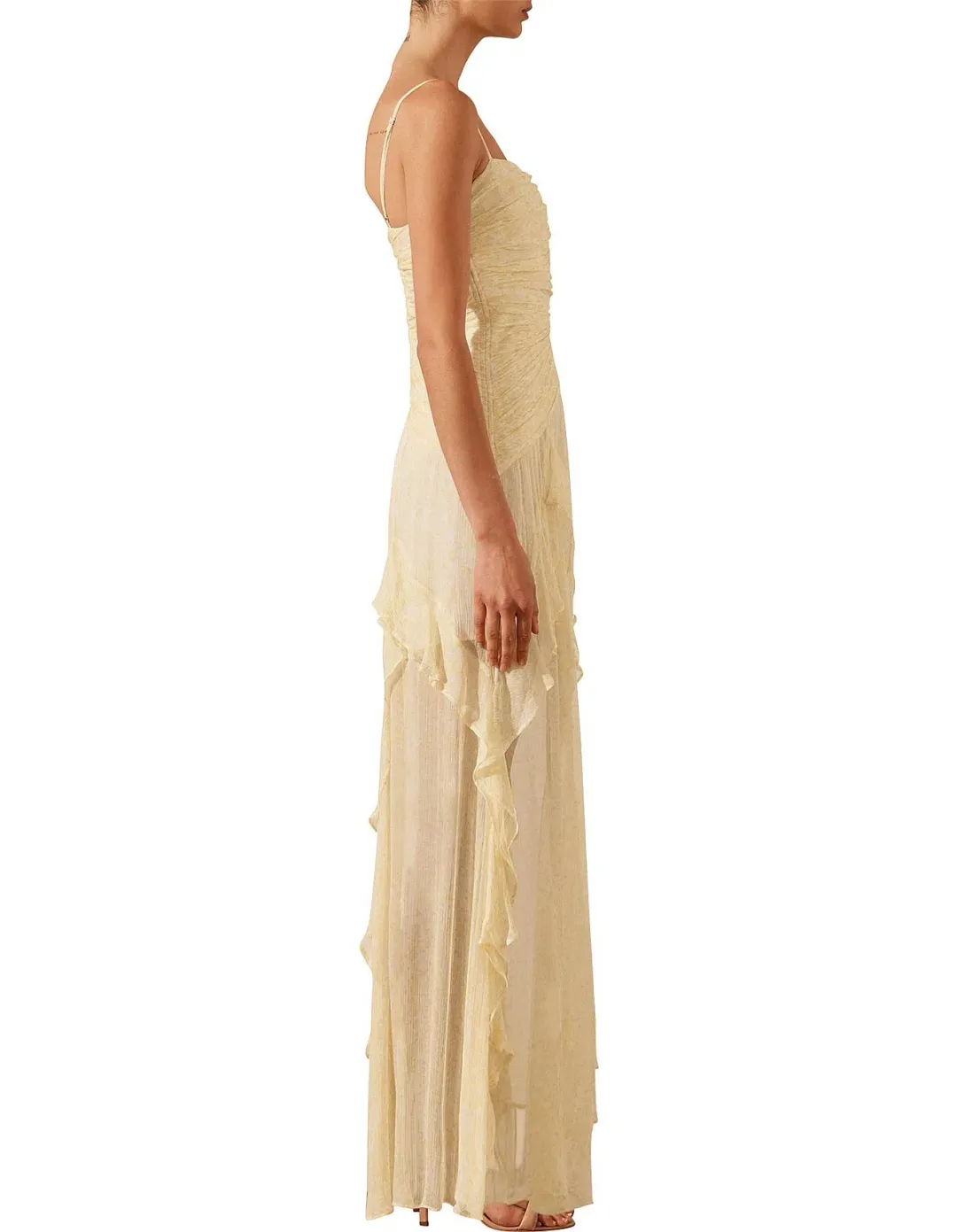 Shona Joy Gina Ruched Frill Maxi Dress in Limoncello Size 8 for rent on The Volte - main image