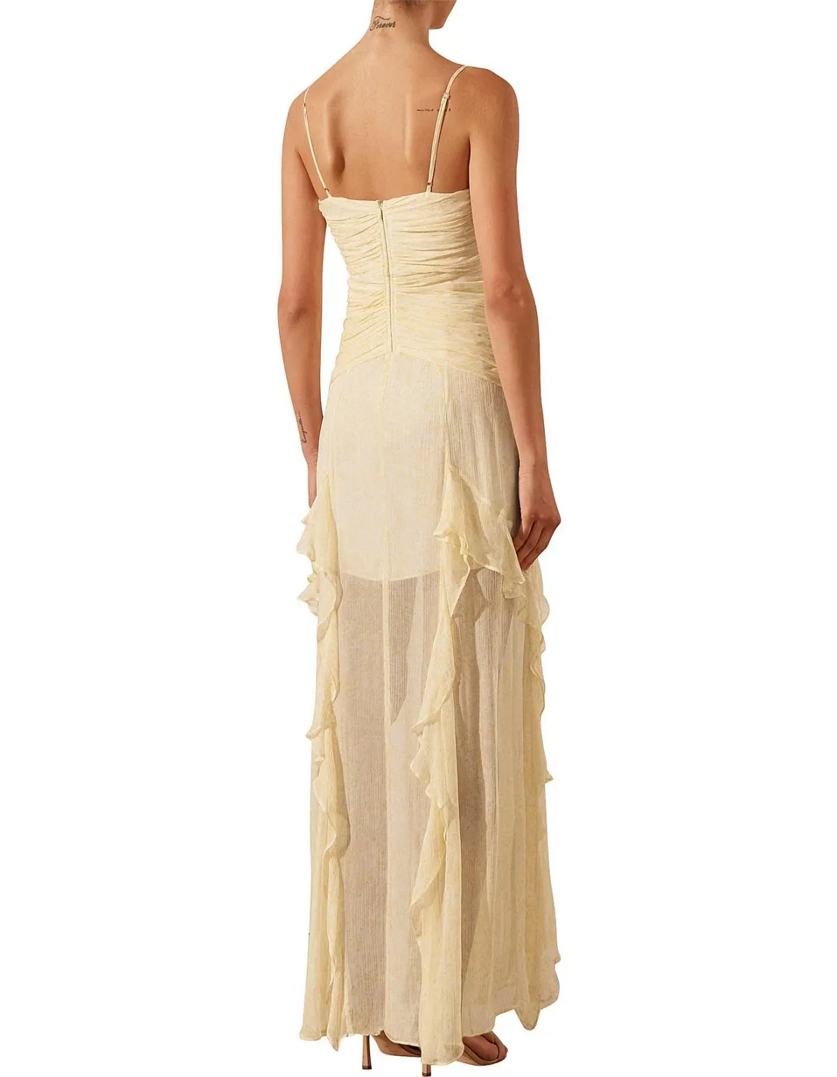 Shona Joy Gina Ruched Frill Maxi Dress in Limoncello Size 8 - Image 4