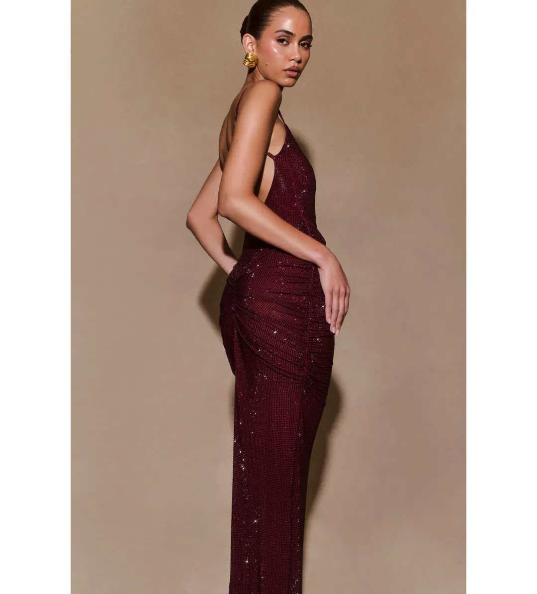 Meshki Roisin Diamante Satin Maxi Dress Mahogany AU 4  for rent on The Volte - main image