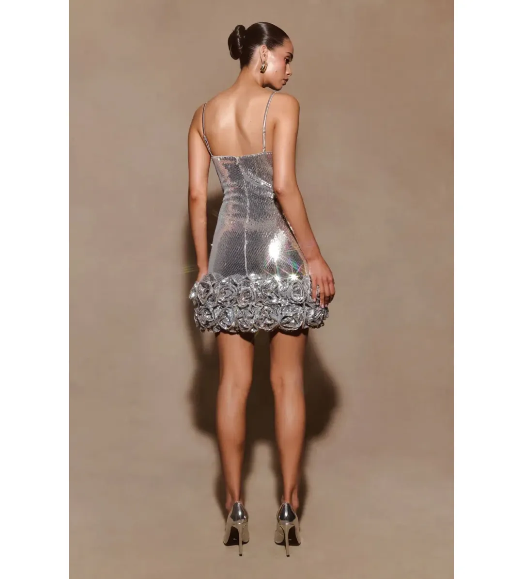 Meshki Faye Sequin Flower Mini Dress Silver Size AU 8 for rent on The Volte - main image