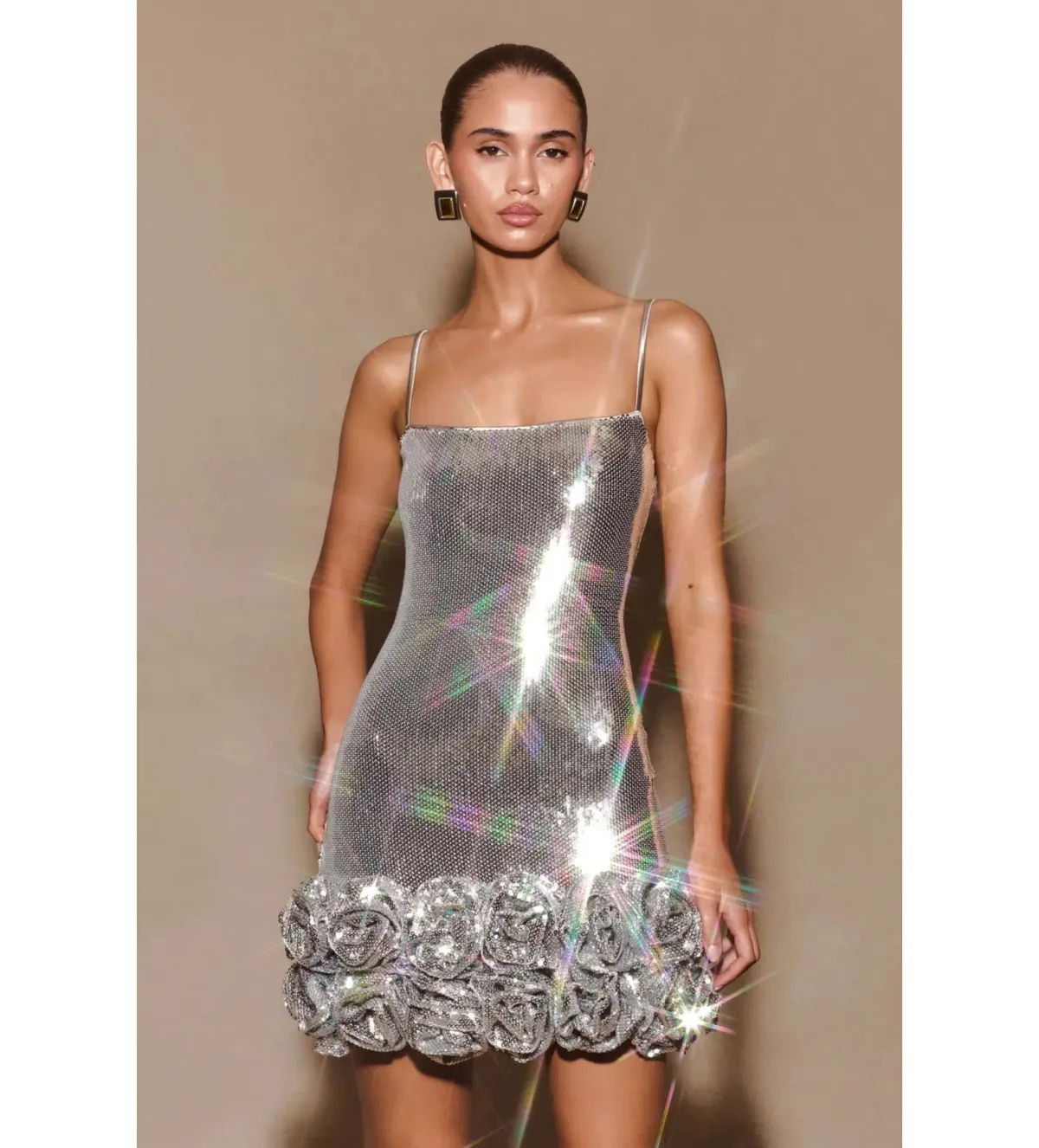 Meshki Faye Sequin Flower Mini Dress Silver Size AU 8 - Image 5