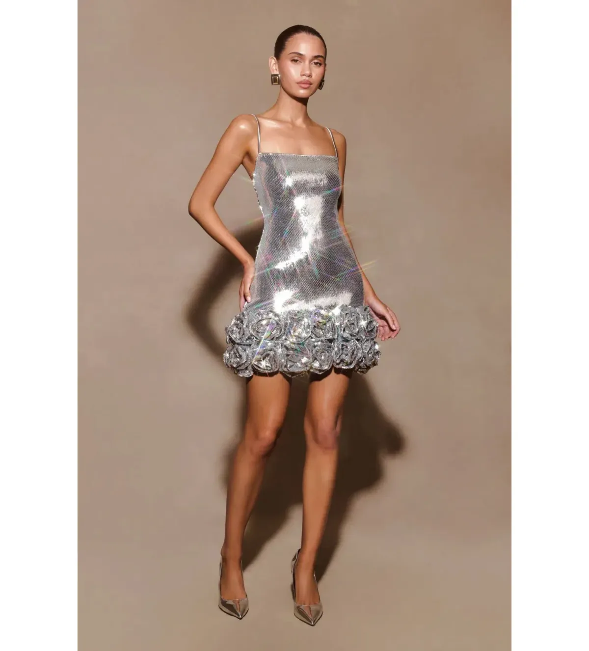 Meshki Faye Sequin Flower Mini Dress Silver Size AU 8 - Image 2