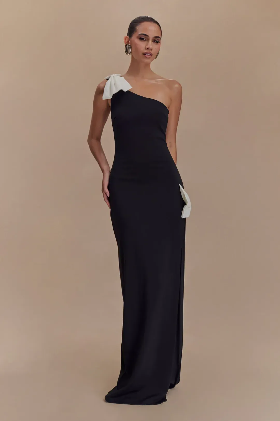 Meshki Hallie One Shoulder Bow Maxi Dress Black/White Size 8 for rent on The Volte - main image