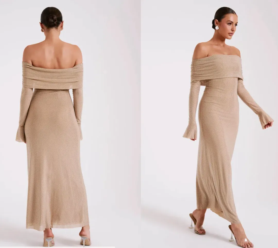 Marcel Off Shoulder Diamante Maxi Dress Nude Size 6/XS for rent on The Volte - main image