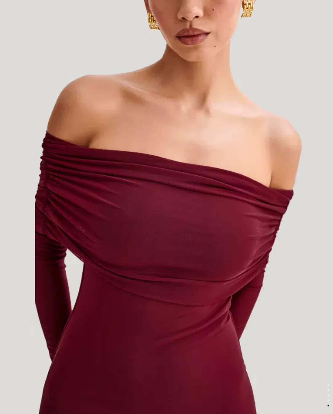 Meshki Josie Off Shoulder Mesh Maxi Dress Burgundy Size 10 for rent on The Volte - main image