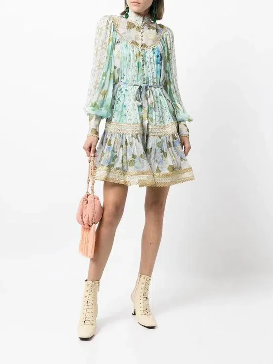 Zimmermann Rhythm Trimmed Billow Mini Dress in Aqua Mixed Print Size AU 8 for rent on The Volte - main image