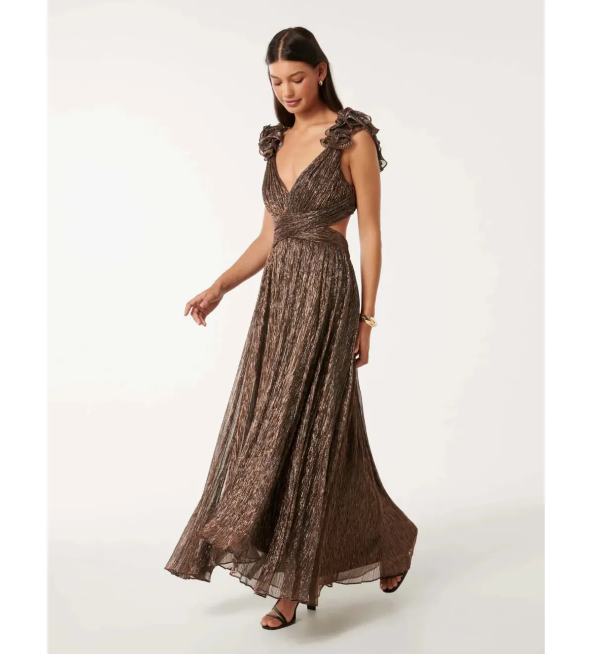 Selena Plisse Ruffle Shoulder Maxi Dress Brown Size 10  - Image 2