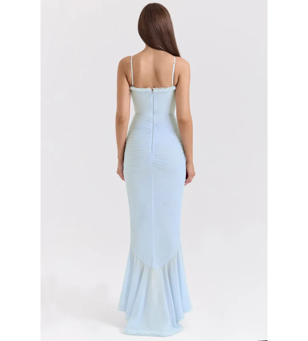 House of CB Gabbi Mesh Ruffled Front Gown Ice Blue Size XS / AU 6 for rent on The Volte - main image