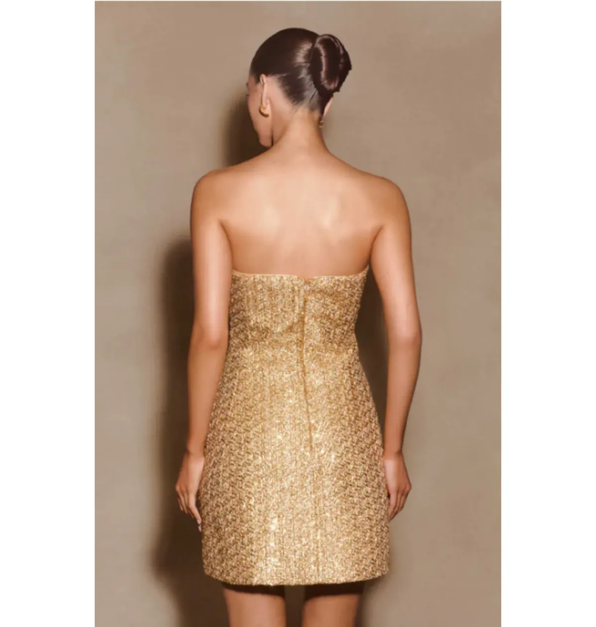 Meshki Gala Strapless Tweed Mini Dress Gold Size AU 8 - Image 3