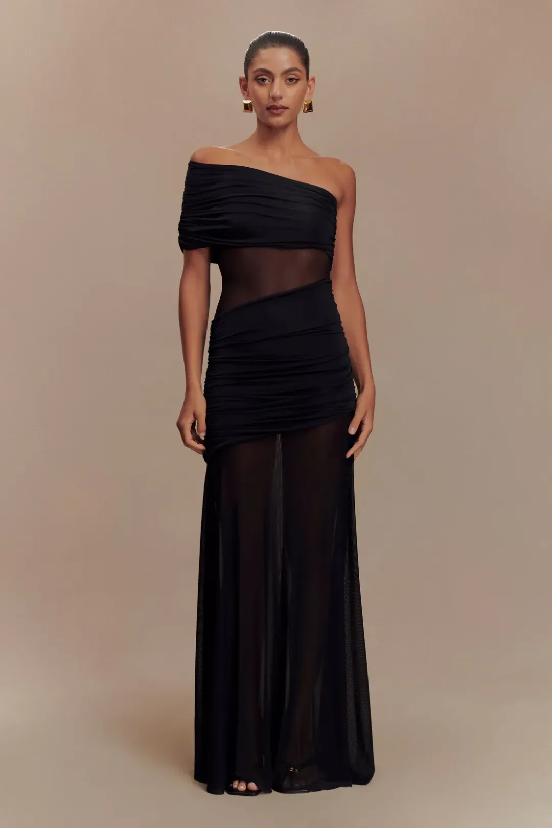 Meshki Dallas One Shoulder Mesh Maxi Dress in Black Size 10 for rent on The Volte - main image