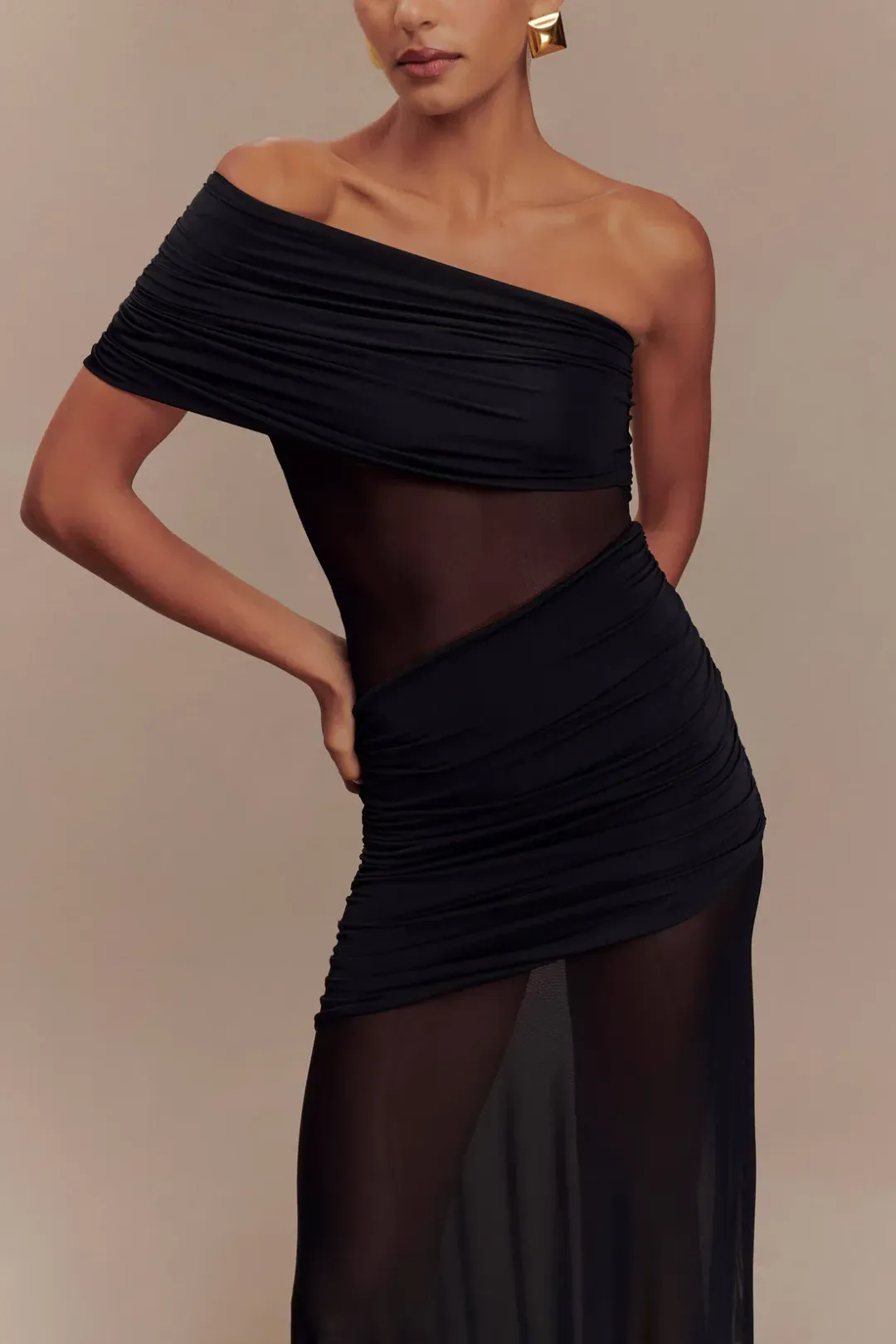 Meshki Dallas One Shoulder Mesh Maxi Dress in Black Size 10 for rent on The Volte - main image