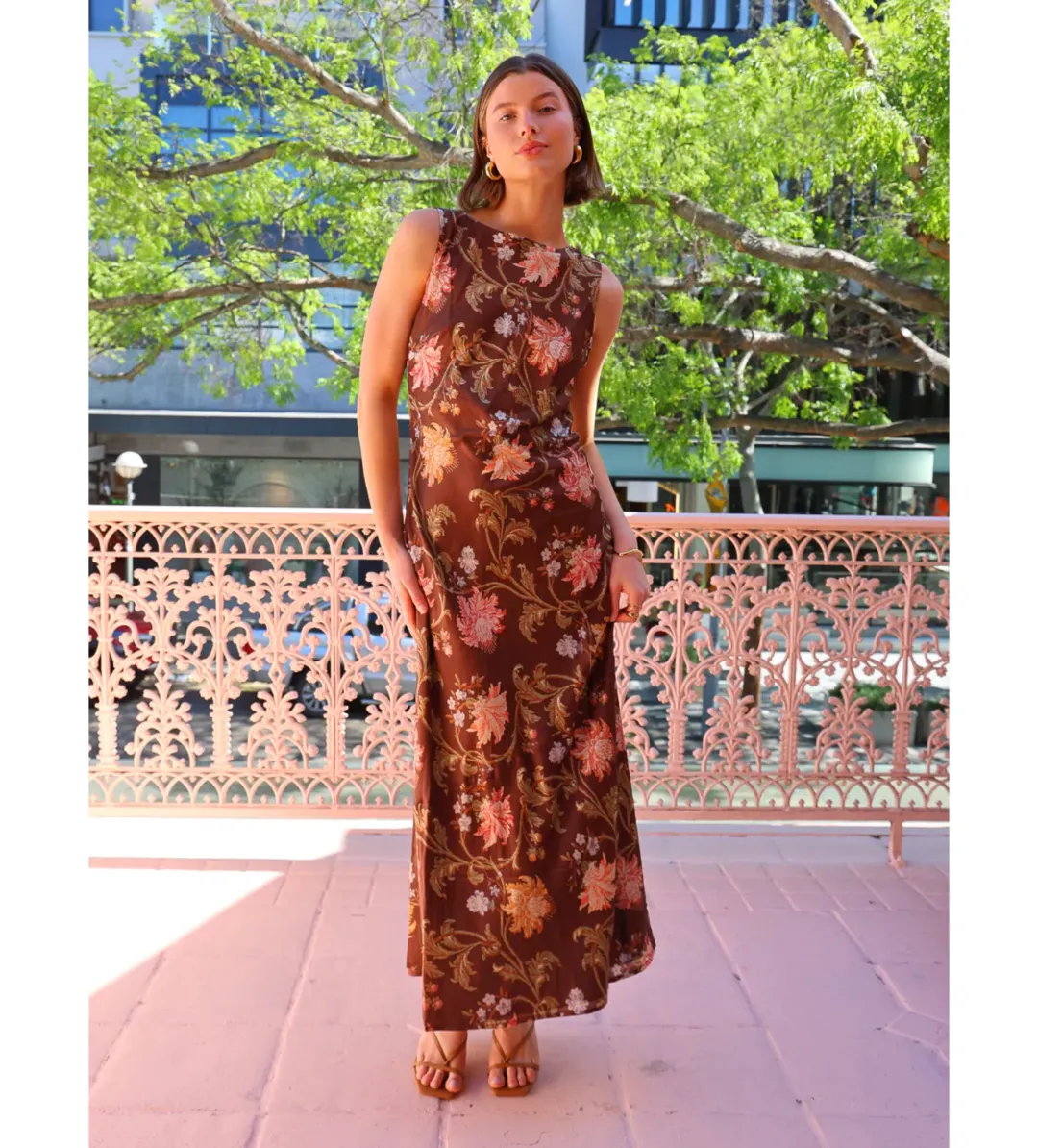 Hansen & Gretel Chloe dress in Carob Floral Size S/ AU 8  for rent on The Volte - main image