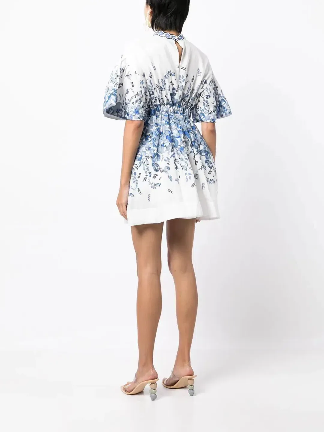 Rachel Gilbert Lea Puff Sleeve Mini Dress White Blue Floral Size 1 / AU 8  for rent on The Volte - main image
