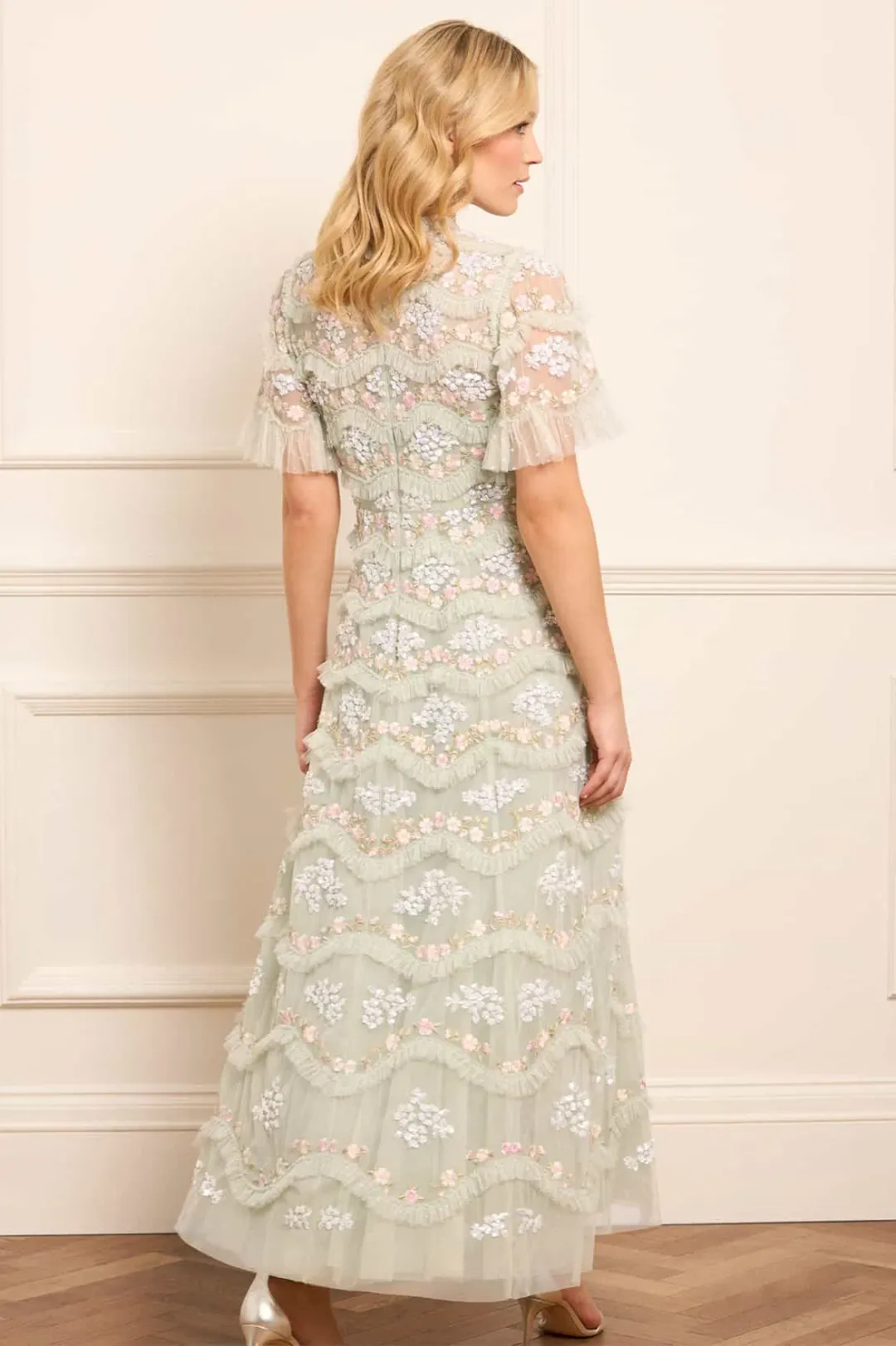 Needle & Thread Wave Ankle Gown Green Sequin Floral Daisy Size 10 for rent on The Volte - main image