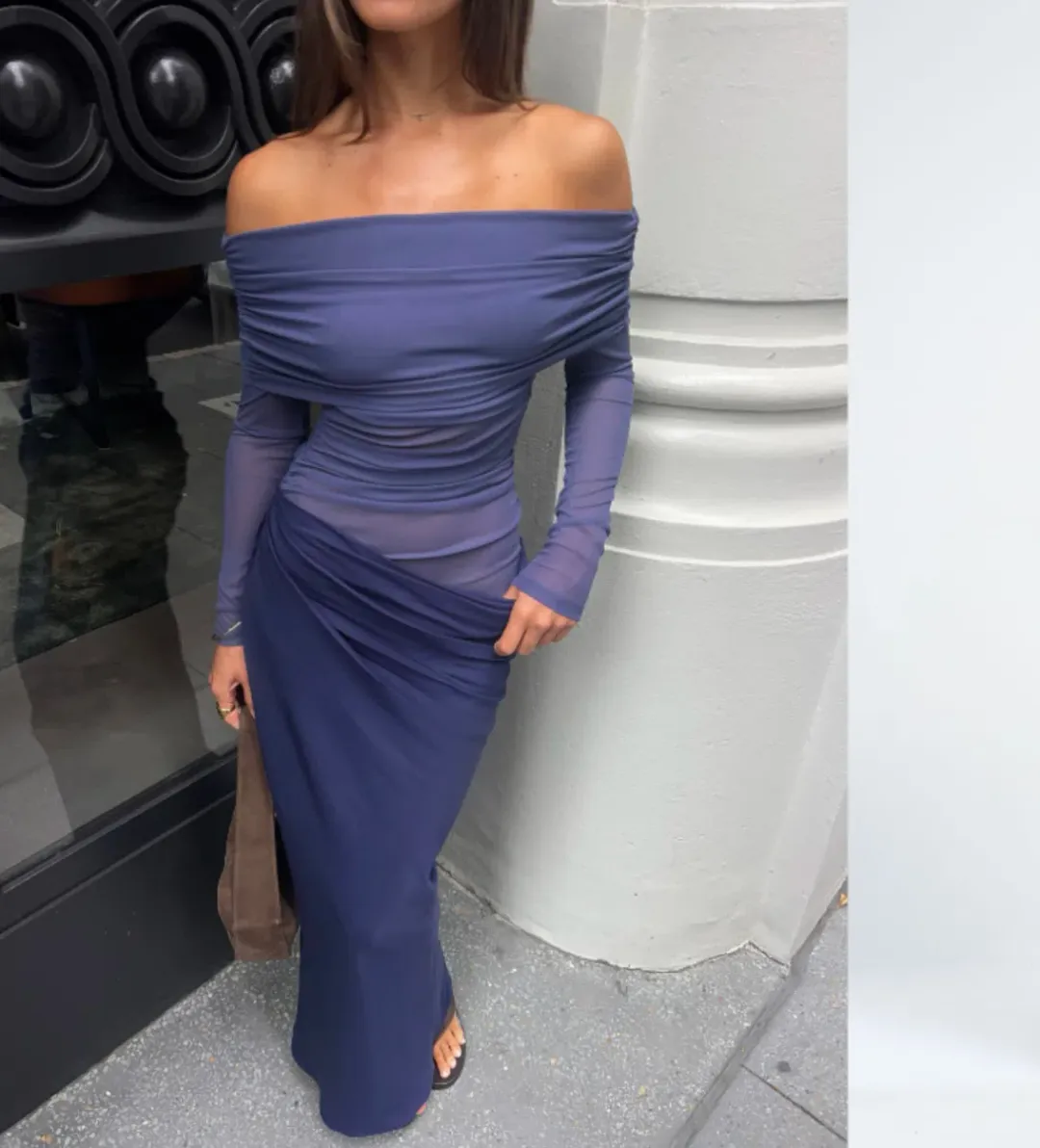 Benni Yasmin Off Shoulder Maxi Dress Navy Size 10 for rent on The Volte - main image