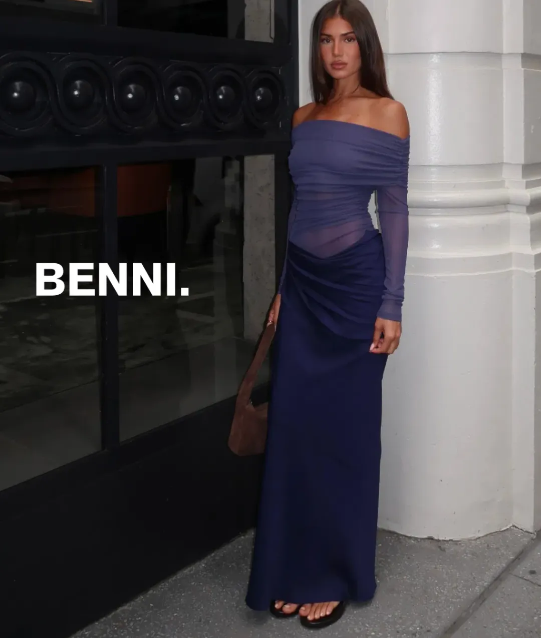 Benni Yasmin Off Shoulder Maxi Dress Navy Size 10 for rent on The Volte - main image