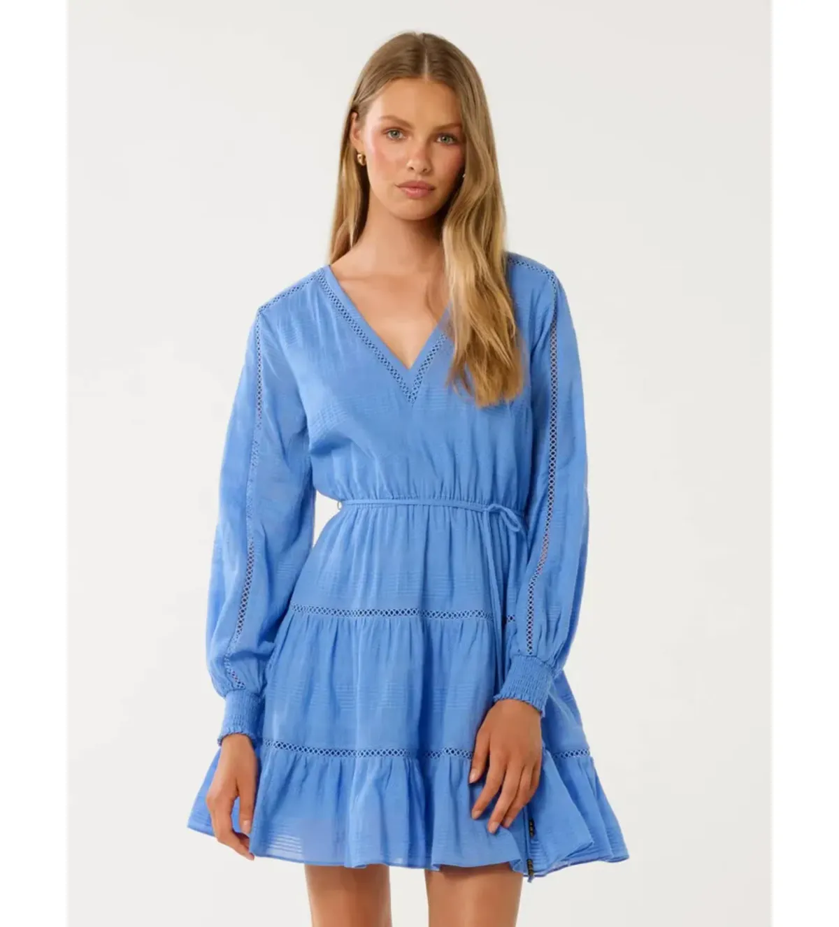 Forever New Raini Long-Sleeve Cotton Mini Dress in Blue Lake Size 14 - Image 2