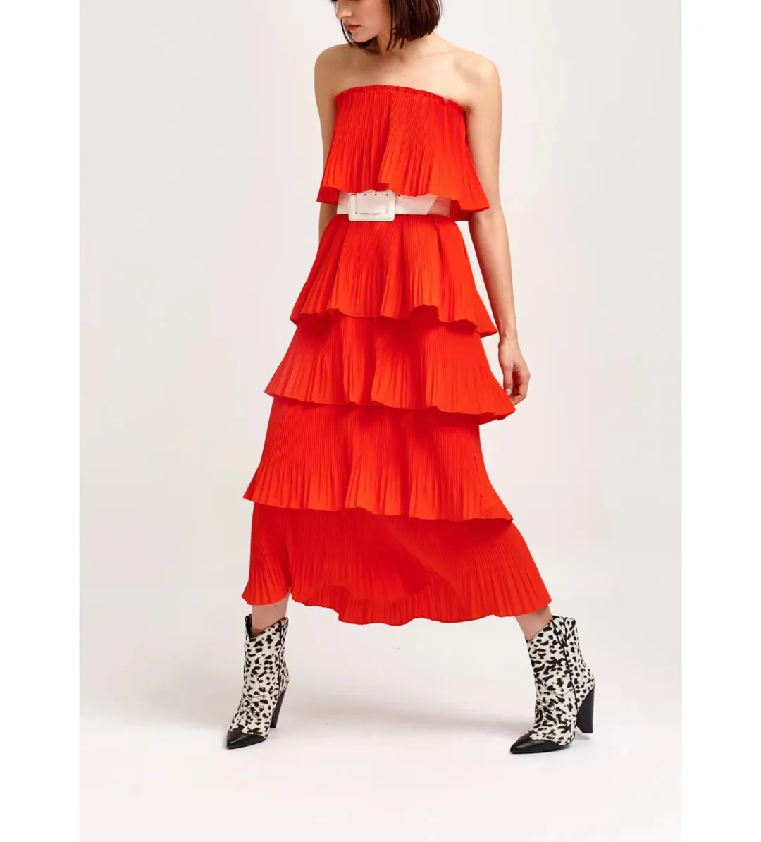 Essentiel Antwerp Valentina Ruffled Midi Dress Berry Red Size AU 10 for rent on The Volte - main image