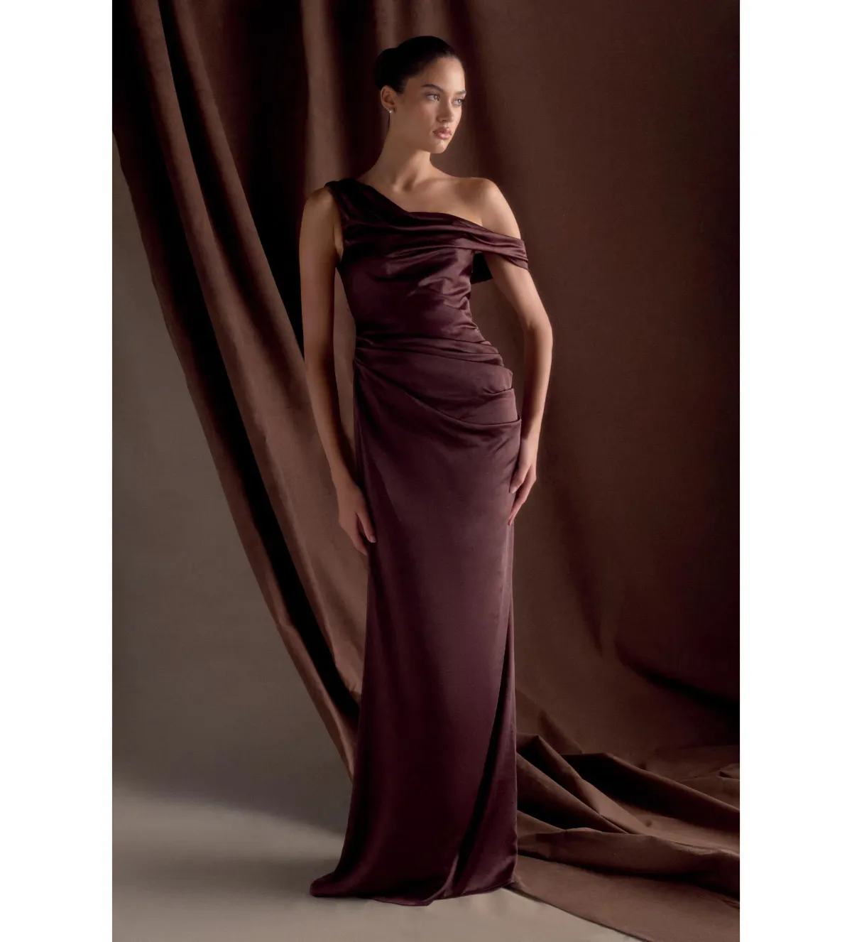 Meshki Dalia Off Shoulder Satin Dress Chocolate Brown Size 8 - Image 1