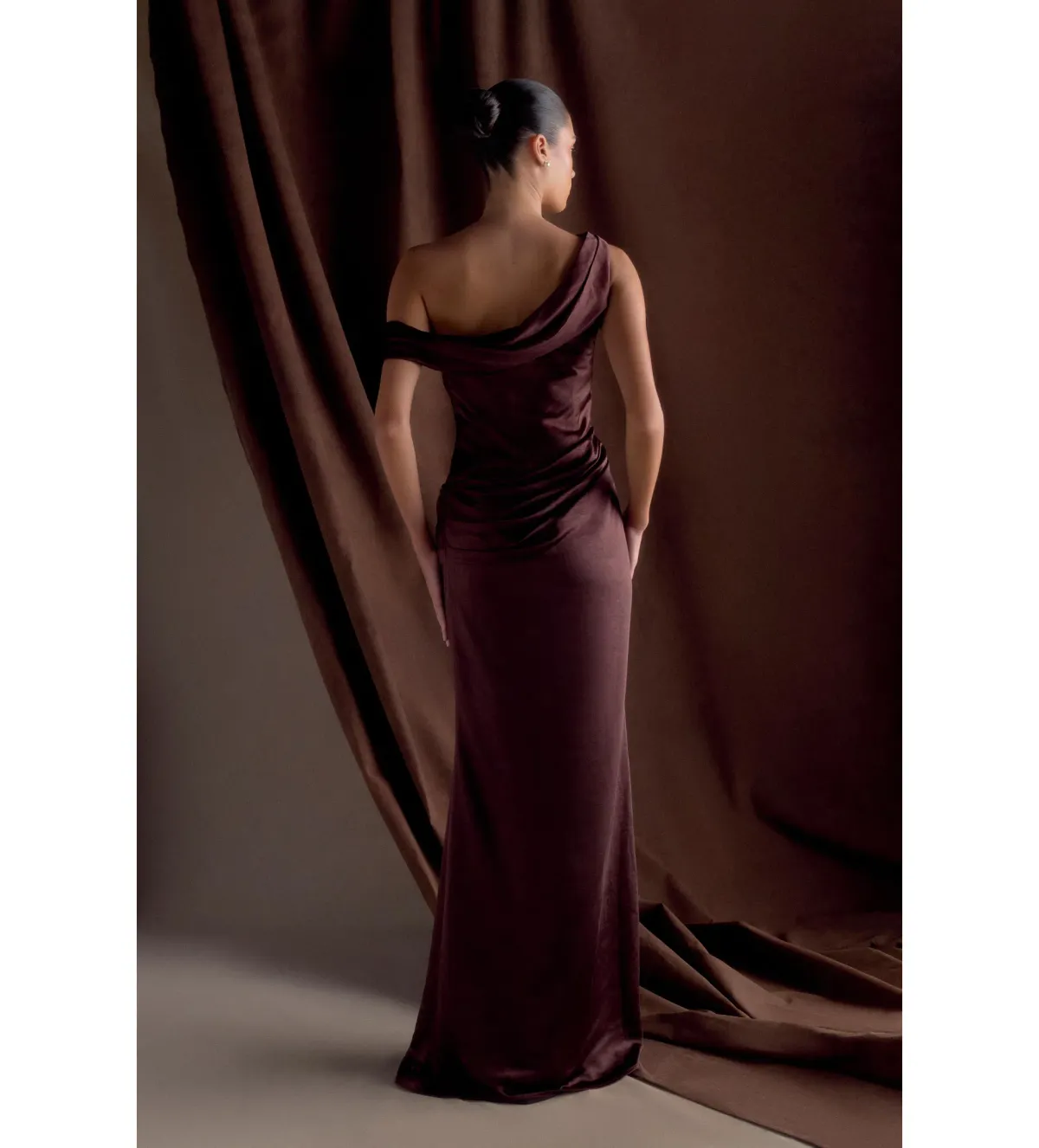 Meshki Dalia Off Shoulder Satin Dress Chocolate Brown Size 8 - Image 3