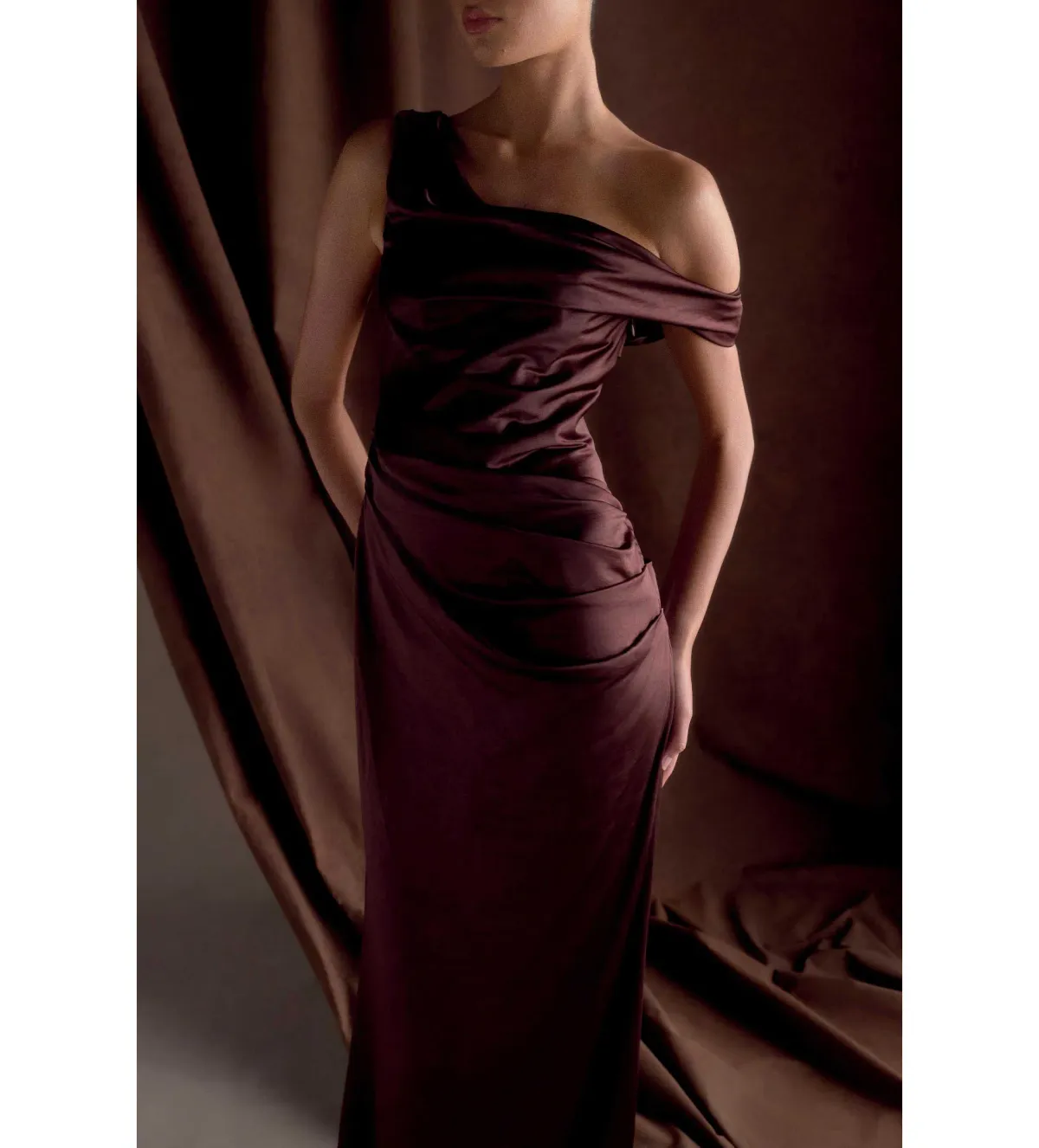 Meshki Dalia Off Shoulder Satin Dress Chocolate Brown Size 8 - Image 2