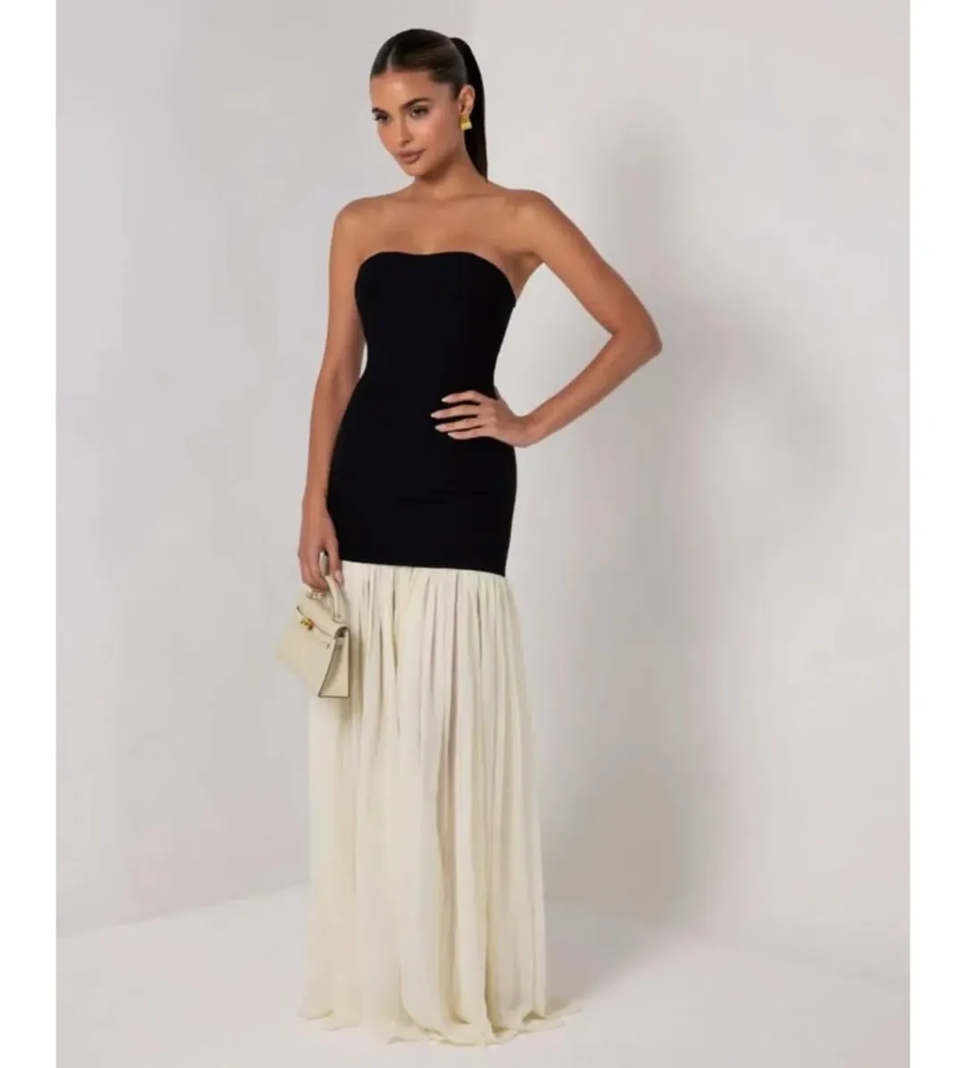 Heiress Beverly Hills Black Strapless Cream Chiffon Maxi Dress Multi Size XXS / AU 4 for rent on The Volte - main image
