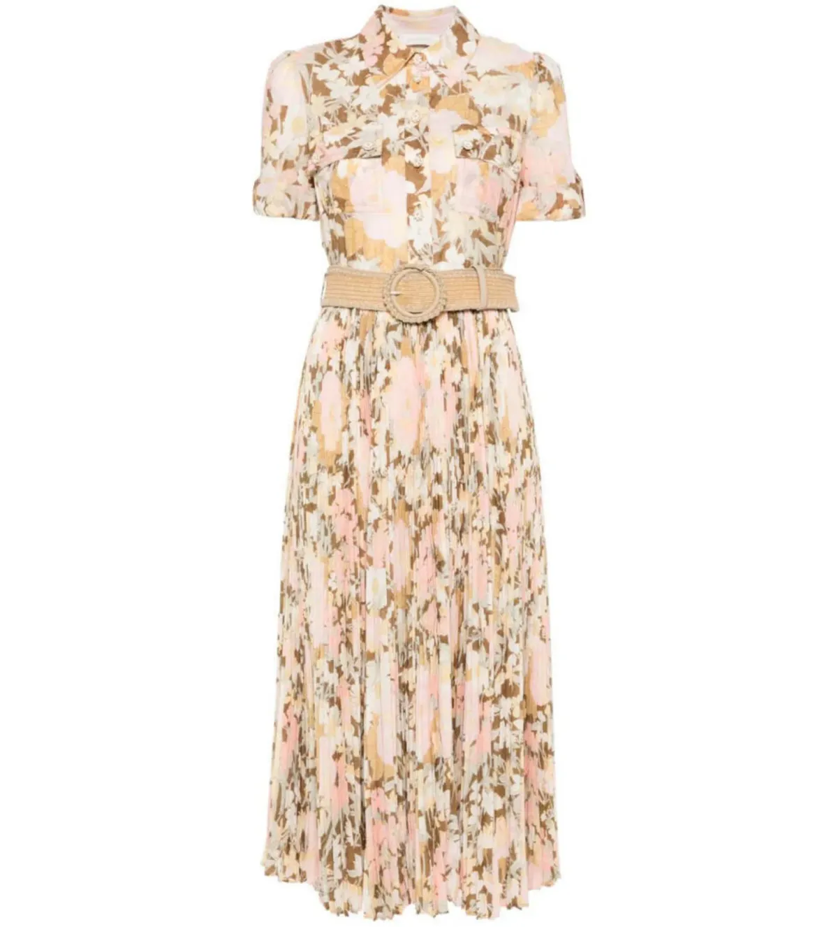 Zimmermann Pop Pleated Midi Shirtdress Gold/peach Floral Size 0 / AU  8 - Image 3