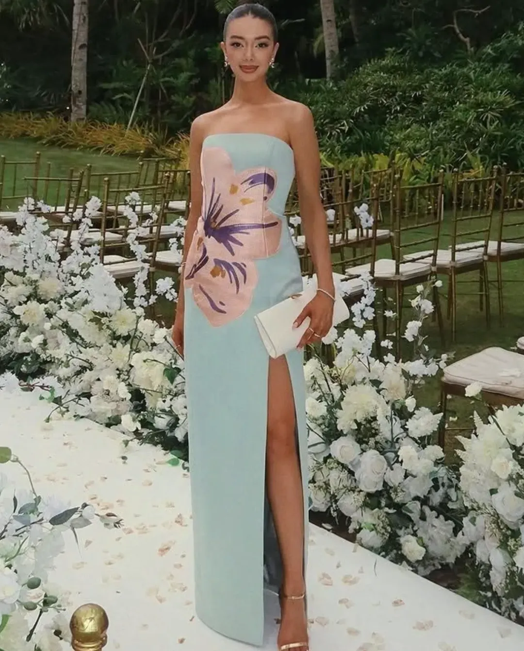 Leo Lin Clémence Embroidered Split Maxi Dress in Hibiscus in Pistachio Size 8  for rent on The Volte - main image