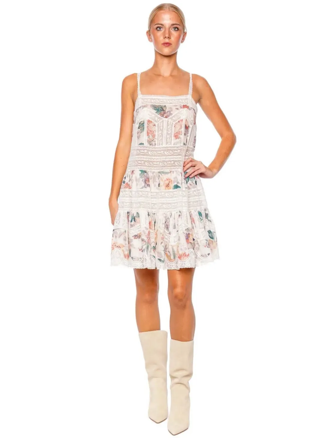 Zimmermann Acacia Lace Trim Mini Dress Cream Multi Floral Size 0P / AU 6P for rent on The Volte - main image
