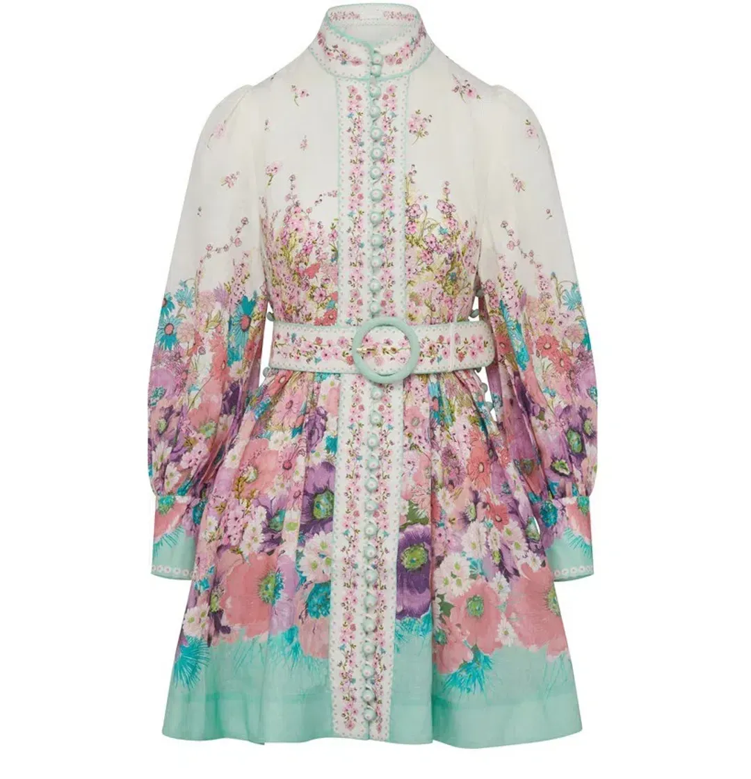 Zimmermann Jude Buttoned Mini Dress in Aqua Gradient Floral Size 0 / AU 8 for rent on The Volte - main image