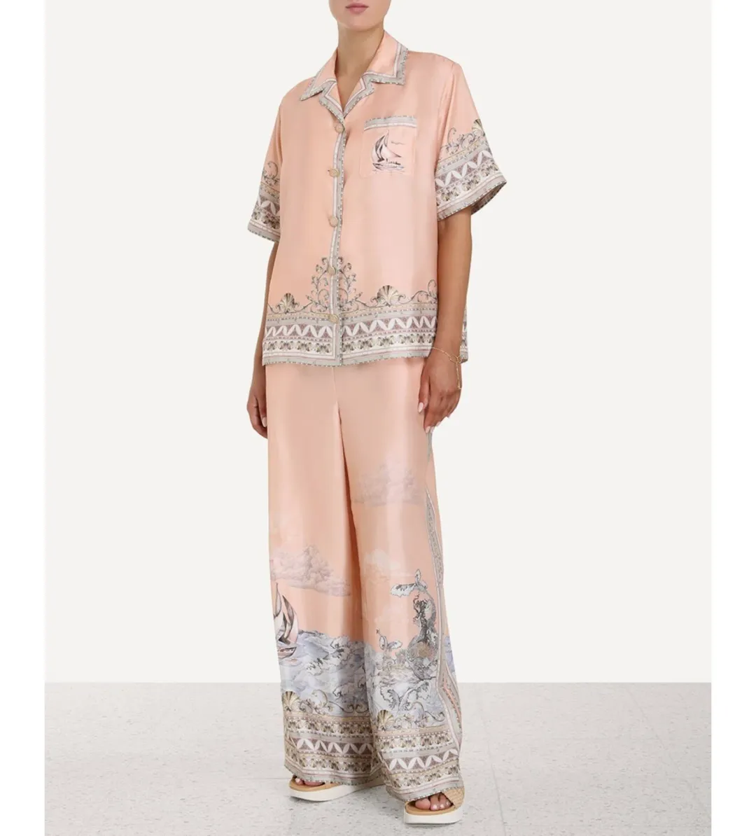 Zimmermann High Tide Oversized Silk Shirt and Trouser Set Pink Print Size 0P for rent on The Volte - main image